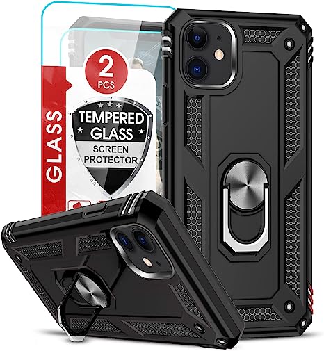 LeYi for iPhone 11 Case with 2 PCS Tempered Glass Screen Protector, Military Grade Shockproof iPhone 11 Phone Case, Heavy Duty Phone Case for iPhone 11 with 360° Metal Kickstand (6.1-Inch, Black)