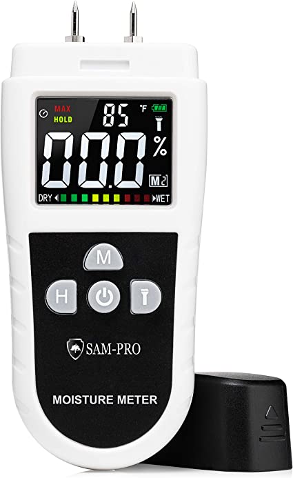 SAM-PRO Dual Moisture Meter 2.0: Upgraded LCD Color Display & Flashlight - 4 Smart Material Modes for Moisture & Temperature readings in Wood, Concrete, Drywall, Carpet, & Building Materials