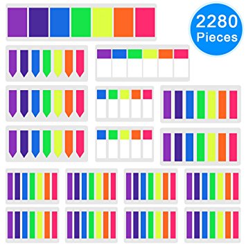 AUSTOR 2280 Pcs Colored Sticky Neon Flags Index Tabs Page Markers Highlight Strips Writable Labels Page for Marking and Highlighting, 17 Sets