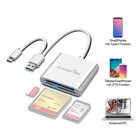 Rocketek SD/Micro SD/TF Card Reader, USB Type C Micro USB OTG Adapter, USB 3.0 Memory Card Reader for SD, SDXC, UHS-I SD, SDHC, Micro SDXC, Micro SDHC, MMC, CF for Android phone, Macbook, PC Laptop