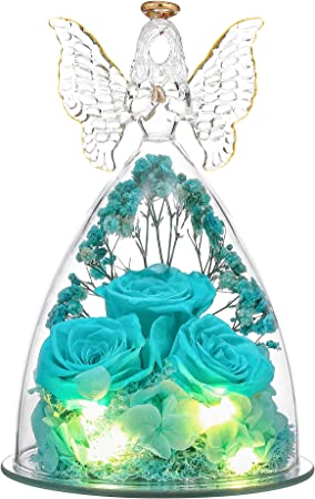 Mothers Day Rose Gifts for Her, Glass Angel Figurine with Three Roses Gifts, Preserved Forever Real Rose Gifts for Women, Angel Guardian with Rose for Valentine Day Mothers Day - Tiffany Blue