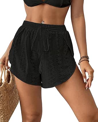 Bsubseach Swim Cover Up Shorts for Women Hollow Out Split Beach Shorts Drawstring Cover Up Bottom Bikini Shorts