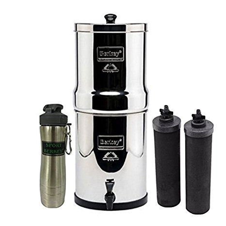 Travel Berkey Stainless Steel Water Filtration System w/ 2 Black Filters and Berkey Stainless Steel Bottle - Silver