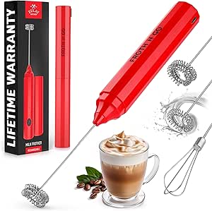 Zulay Kitchen Powerful Rechargeable Milk Frother with Case - Froth N Go Compact Handheld Foam Maker for Lattes - Travel Electric Whisk Drink Mixer for Coffee - 3 Whisk Attachments - Red