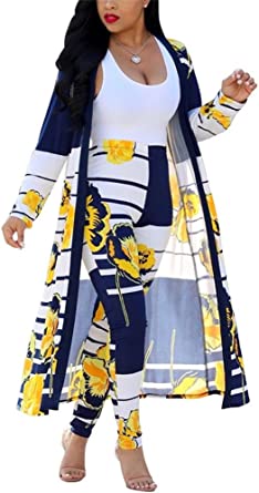 VLUNT Womens 2 Piece Outfits Floral Print Open Front Cardigan and Pants Clubwear Set