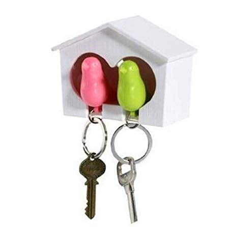 The Present Store Bird House Keychain, Cute Bird Keychain White House Whistle Keychain Bird Pink and Green