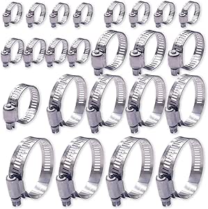 24PCS Hose Clamps Stainless Steel, Fuel Line Clamps Adjustable 1/4-2in(6-51mm) Heavy Duty Hose Clamps, 6 Size Worm Gear Hose Clamp Assortment Kit for Plumbing, Automotive, Mechanical Applications