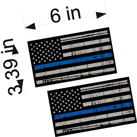 6" Tattered Police Officer Thin Blue Line reflective American Flag Decal x 2