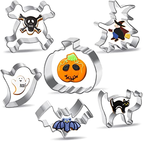 Halloween Cookie Cutters Baking Supplies - 6 Kit Holiday Fall Cookie Cutters Large Shapes Set for Kids Ghost Pumpkin Skull Witch Bat Cat Cookie Cutter Metal Mold for Halloween Party Favor Decorations
