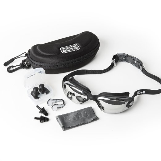 Swimming Goggles with FREE Protective Case, Nose Clip, Ear Plugs & Lifetime Guarantee Included - Pro Performance Adult Unisex Swim Goggle with 100% UV Protection, Anti-Fog Mirror / Tinted Lenses very Comfortable Easily Adjustable Silicone Head Strap & Flexible Leakproof Seal to create the Best Comfort Waterproof Mask - Great for all Water, Pool, Aqua Sports Best for both Men and Woman