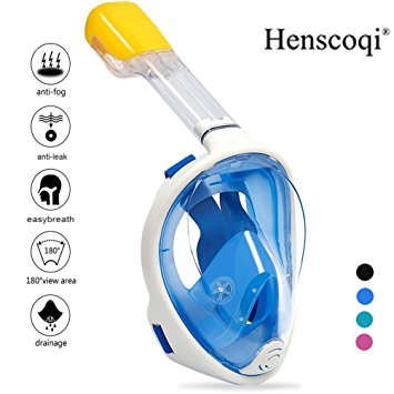 Henscoqi 180° Full Face Snorkel Mask,Anti-Fog and Anti-Leak Design/Adjustable Head Straps/Free Breathing Tubeless Design/Prevents Gag Reflex,See More with Larger Viewing Area