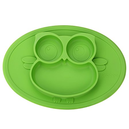 Kirecoo Babies Highchair Feeding Tray Round Silicone Suction Owl Placemat for Children, Kids, Toddlers,Kitchen Dining Table with Built in Plate and Bowl (Green)