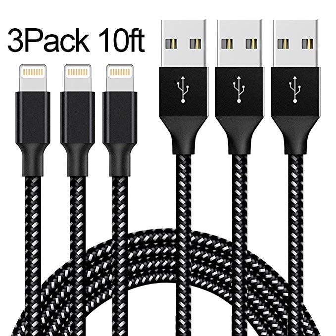 Lightning Cable,ONSON Charger Cables 3Pack 10FT to USB Syncing and Charging Cable Data Nylon Braided Cord Charger for iPhone 7/7 Plus/6/6 Plus/6s/6s Plus/5/5s/5c/SE and more-BlackWhite