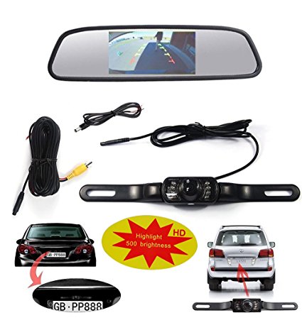 J.cotton Design Backup Camera and Monitor,4.3"-inch Waterproof Backup Camera & Rear View Monitor Reversing Parking Mirror Reverse System   LED Night Vision Cam,tft-lcd Display Built-into Mirror Assembly