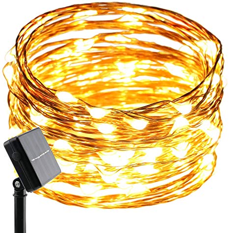 ErChen Solar Powered Copper Wire Led String Lights, 33FT 100 LEDs Waterproof 8 Modes Decorative Fairy Lights for Outdoor Christmas Garden Patio Yard (Warm White)