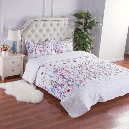 Bedsure Flourish Style 3Pcs Quilt Set for All Season-- Quilt and Sham, Bedspread and Coverlet, Hypoallergic and Lightweight -- Full/Queen, Floral #2