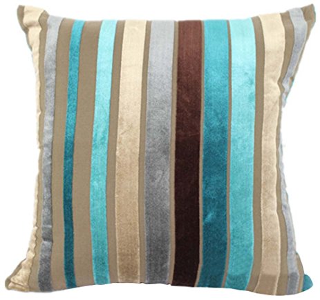 YJ Bear Colorful Striped Panne Velvet Pillow Case European Vintage Soft Cushion Cover Standard Size Cushion Sham Decorative Body Cushion Protector With Invisible Zipper Turquoise 16" X 16"