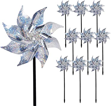 Hausse 10 Pack Reflective Pinwheels with Stakes, Extra Sparkly Pin Wheel for Garden Decor, Bird Repellent Devices Deterrent to Scare Birds Away from Yard Patio Farm