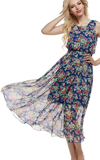 ACEVOG Women Chiffon Bridesmaid Long Maxi Beach Floral Long Cocktail Party Dress