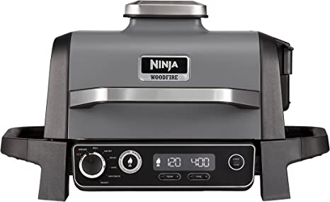 Ninja OG701UK Woodfire Electric BBQ Grill & Smoker, 7-in-1 Outdoor Grill & Air Fryer, Roast, Bake, Dehydrate, Uses Woodfire Pellets, Weather Resistant, Non-Stick, Portable, Electric, Grey/Black