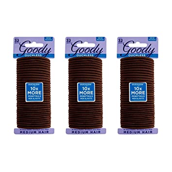 Goody Hair Ouchless Women's Hair Braided Elastics Brown 4mm for Medium Hair, 32 Count (Pack of 3)