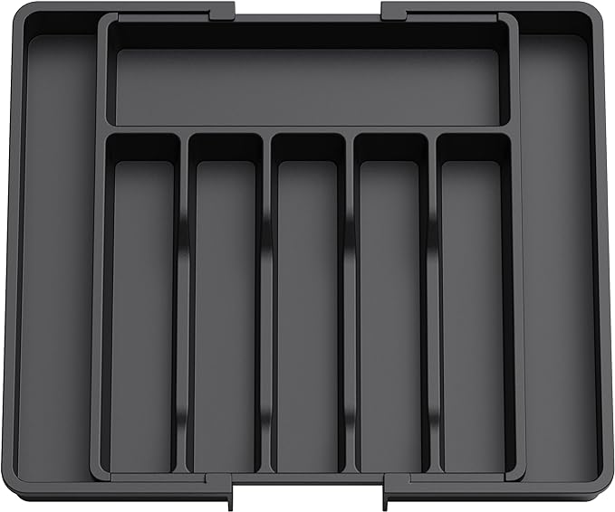 Lifewit Silverware Drawer Organizer, Expandable Utensil Tray for Kitchen, Adjustable Flatware and Cutlery Holder, Compact Plastic Storage for Spoons Forks Knives, Large, Black