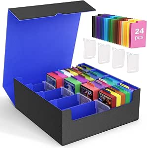 MoKo Trading Card Storage Box, 3000  MTG Deck Box with 24 Colorful Dividers & 4 Card Supporters, Commander Card Deck Case Fits for Magic Game Cards, YugiOh, TCG, PTG and Sport Cards, Black Blue