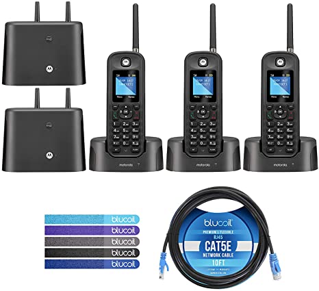 Motorola O211 DECT 6.0 Long Range Cordless Phone, Water & Dust Resistant, IP67 Certified, Black, 1 Handset Bundle with O212 Handsets, Blucoil 10' Cat5 Cable, and 5-Pack of Reusable Cable Ties