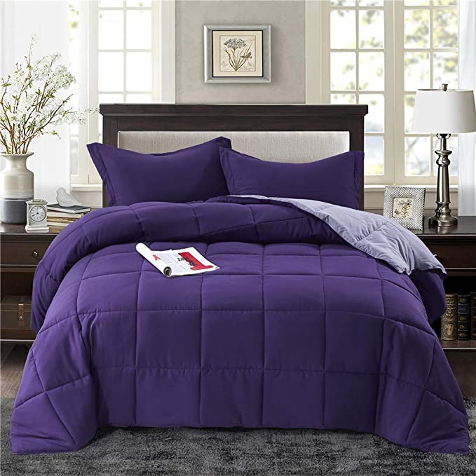 HIG 3pc Down Alternative Comforter Set - All Season Reversible Comforter with Two Shams - Quilted Duvet Insert with Corner Tabs -Box Stitched –Hypoallergenic, Soft, Fluffy (King/Cal King, Purple)