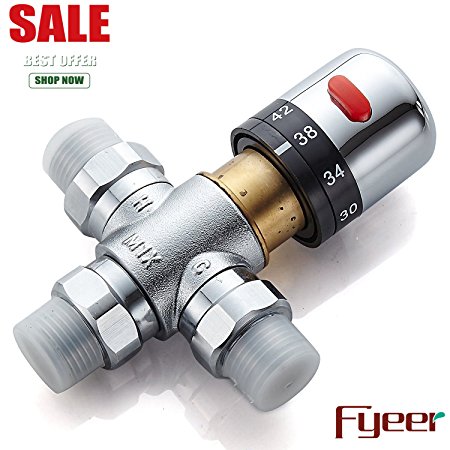 Fyeer 3-Way Thermostatic Mixing Valve, Solid Brass, 1/2" IPS Male Connections