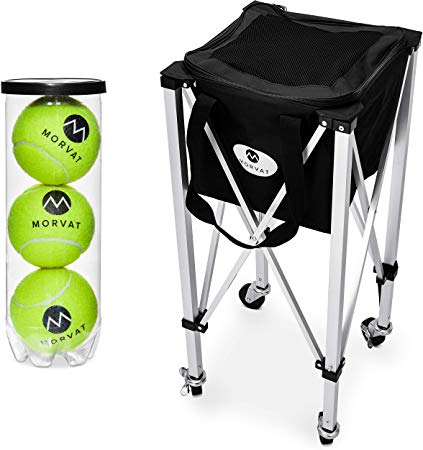 Morvat Tennis Ball Cart (Holds Up to 150 Balls), Tennis Ball Hopper Basket, Tennis Ball Basket, Tennis Accessories, Tennis Gift, Lightweight, Portable, Includes Carry Bag