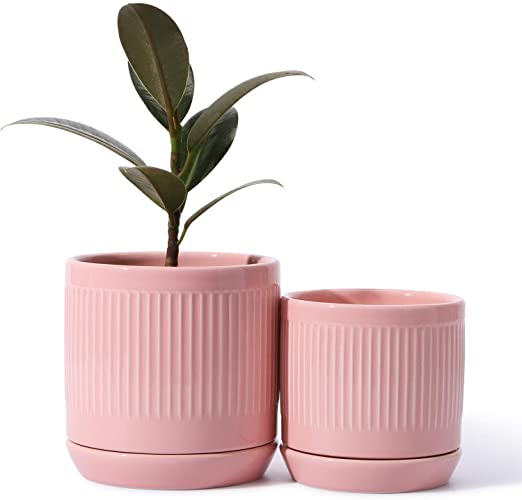 POTEY 053206 Ceramic Planter Pots - Glazed Modern Planters Flower Pot Indoor Bonsai Container with Drainage Holes & Saucer for Plants Aloe(Set of 2-5.1   4.2 Inch, Shiny Pink, Plants Not Included)