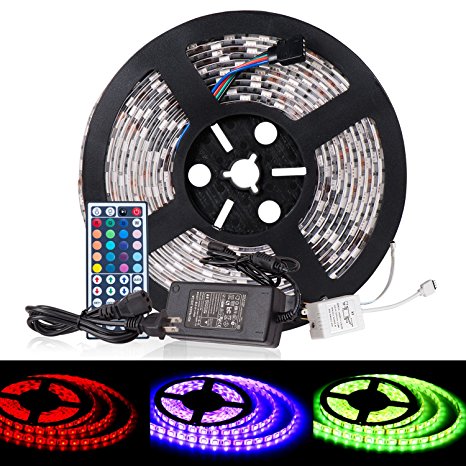 Toplus 16.4Ft 5M Waterproof Flexible Color Changing LED Strip Lights SMD5050 RGB 300 LEDs LED Strip Kit with 44Key Remote and 12V 5A Power Supply for Boats Bathroom Mirror Ceiling and Outdoor