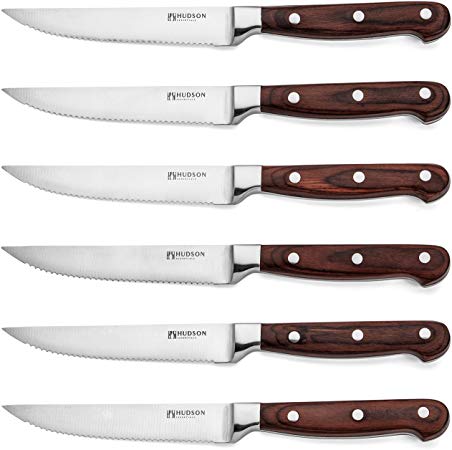 Hudson Essentials Steak Knife Set of 6 - Serrated German Steel Blade and Pakkawood Handle
