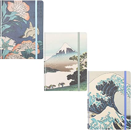 Katsushika Hokusai Hard Cover Diary Notebooks, Japanese Stationery (7x5 In, 3 Pack)