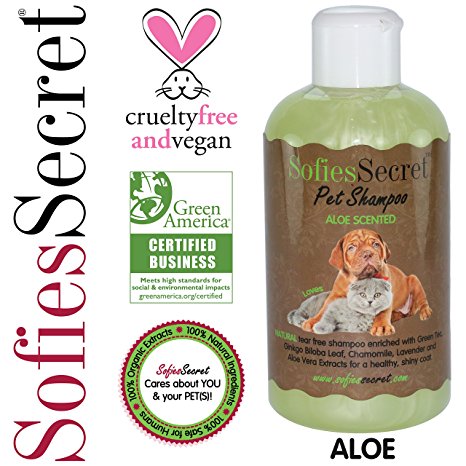SofiesSecret 100% Natural+Organic Pet Shampoo, Aloe, NO Perfume ORGANIC Extract for Scent, Cruelty Free & Vegan, Green America & Leaping Bunny Certified, 8.5 fl. Oz.