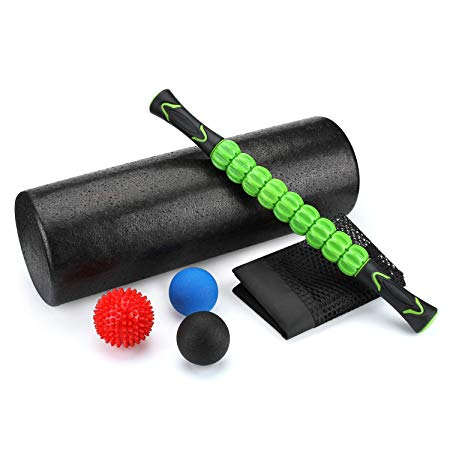 Odoland 6-in-1 18" Large Size Foam Roller Kit with Muscle Roller Stick and 3 Massage Balls, High Density for Physical Therapy, Deep Tissue Trigger, Pain Relief, Myofascial Release, Balance Exercise