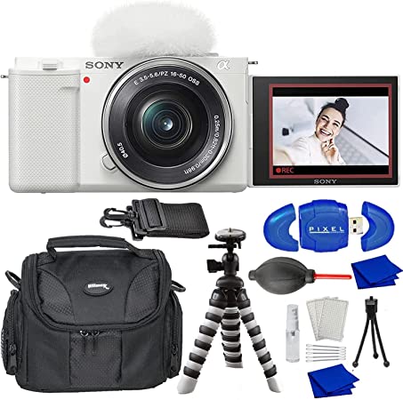 Sony Alpha ZV-E10 Interchangeable Lens Mirrorless Vlog Camera & 16-50mm Lens Bundle with Water Resistant Bag, Flexible Tripod, Blower, Starter Kit, Card Reader, Cleaning Cloth (Sony USA Authorized)