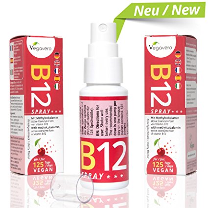 Vitamin B12 Spray 25ml | 125 Sprays, 4 Month Supply | 250 mcg per Spray, B12 Methylcobalamin | Cherry Flavour Liquid | Vegan & Vegetarian by Vegavero