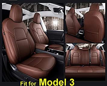 INCH EMPIRE Seat Cover Custom Fit for Tesla Model 3 Synthetic Leather Car Seat Cushion Protector for Model 3 2017 2018 2019 2020 All Season(Brown)