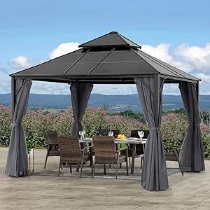 ABCCANOPY Outdoor Hardtop Gazebo 12x12 - Patio Polycarbonate Hard Top Gazebos with Curtain and Netting, Double Roof Permanent Pavilion for Backyard, Garden, Deck, Lawns (Dark Gray)