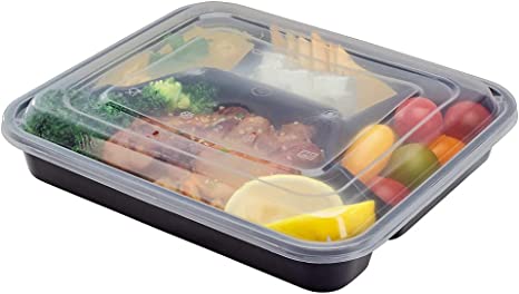 Asporto 34 oz Black Plastic 4 Compartment Food Container - with Clear Lid, Microwavable - 8 3/4" x 7 1/2" x 1 1/2" - 100 count box