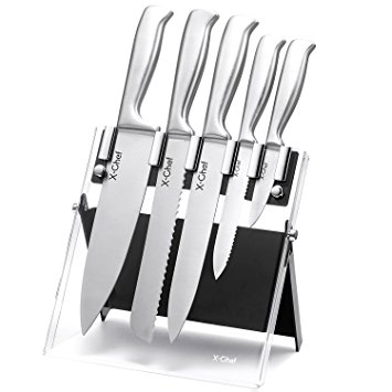 Kitchen Knife Set with Acrylic Stand, X-Chef One Piece Seamless Stainless Steel Kitchen Cutlery 5 Pcs