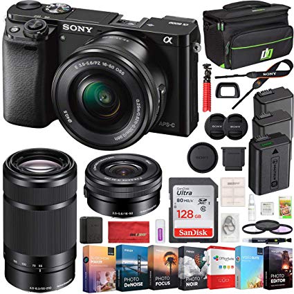 Sony Alpha a6000 Mirrorless Digital Camera 2 Lens 16-50mm & 55-210mm Lens (Black) ILCE-6000Y/B with 2X Extra Battery 128GB Memory Deco Gear Case Filter Kit Editing Suite Performance Bundle