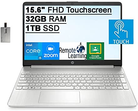 2022 HP 15.6" FHD Touchscreen Laptop Computer, Intel Core i5-1135G7 Processor, 32GB DDR4 RAM, 1TB SSD, Intel Iris Xe Graphics, HD Webcam, HD Audio, HDMI, Windows 11, Silver, 32GB SnowBell USB Card