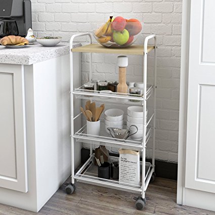 Lifewit 4-Tier Multifunctional Storage Trolley Rolling Cart with Omnidirectional Wheels & Wooden Worktop for Kitchen