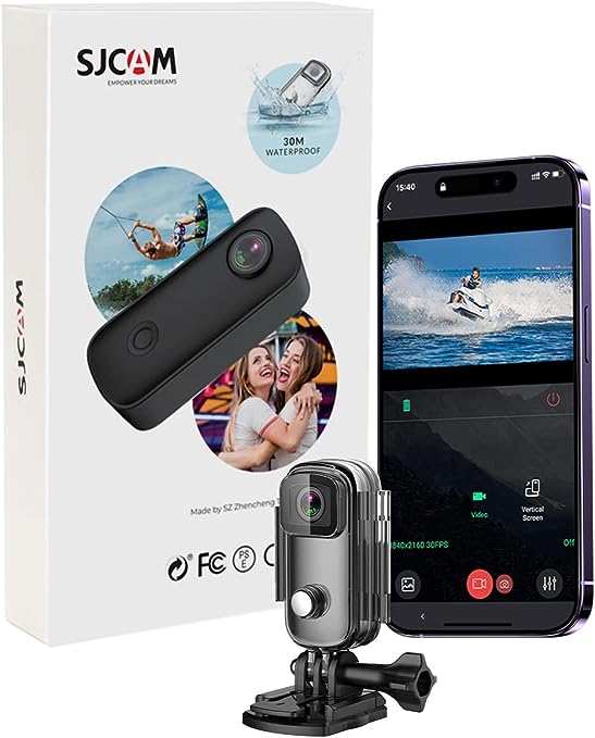 SJCAM C100  Kleine Action-Taschenkamera Wearable, 4K30fps WiFi Kamera, APP-Steuerung, Unterwasser 98FT wasserdicht, magnetisch, Helmkamera mit Mount Kits, 32G SD-Karte (Schwarz)