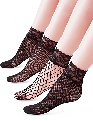 Vero Monte 4 Pairs Women's Lace Fishnet Ankle Socks - Stylish Black   Hollow Out