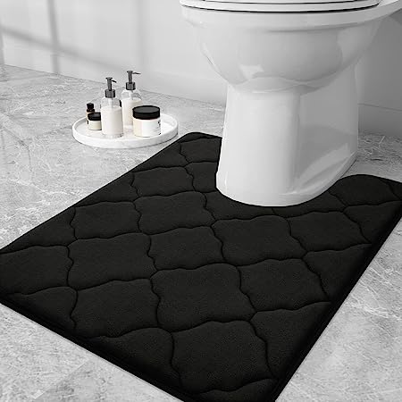 OLANLY Memory Foam Toilet Rugs U-Shaped, Ultra Soft and Absorbent Bathroom Rugs, Non-Slip Thick Toilet Bath Mat, Machine Wash Dry, Contour Bath Rugs for Toilet Base, 24x20, Black