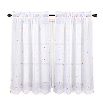 VOILYBIRD Alta Star Sheers Curtains 45 Inch Length for Babies Room Rod Pocket Embroidered Design (2 x W40 x L45, Green/Yellow/Orange)